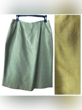Vintage Kasper A.S.L. 100% Raw Silk Fabric Olive Green Pencil Skirt Size 10 EUC